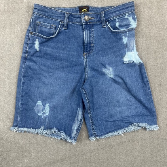 Lee Y2K Distressed Denim Bermuda Shorts 6M Blue Cotton Blend Raw Hem Grunge — photo 2
